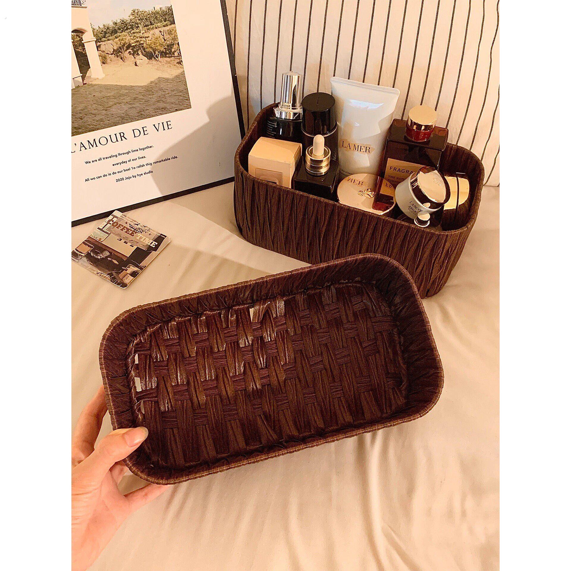 复古仿藤编收纳筐桌面整理盒子化妆品收纳盒收纳篮手工编织储物筐