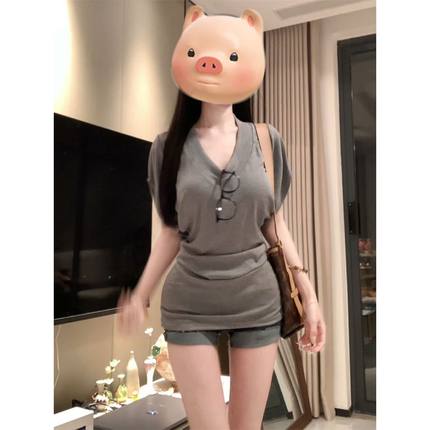 美式复古正肩v领短袖t恤女夏季新款掐腰显瘦小众高级感蝙蝠袖上衣