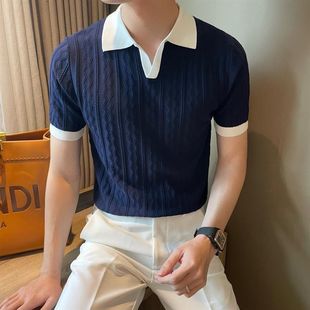 短袖 夏季 V翻领纹理修身 大码 针织 胖子上衣拼色轻熟潮男300斤Polo衫