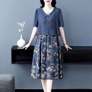 大码 妈妈假两件拼接宽松遮肚子气质显瘦中长裙 女装 雪纺连衣裙夏季