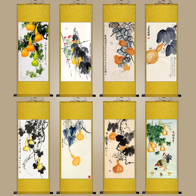 五福临门丝绸画卷轴画绢画宣纸仿古画葫芦挂画齐白石花鸟画小鸡画