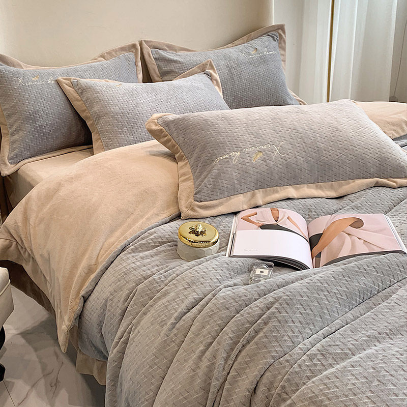 羽毛刺绣床单四件套简约风拼角被套珊瑚绒床上用品,床上用品,床品套件/四件套/多件套,淘宝优惠券,粉丝福利购,淘宝优惠卷