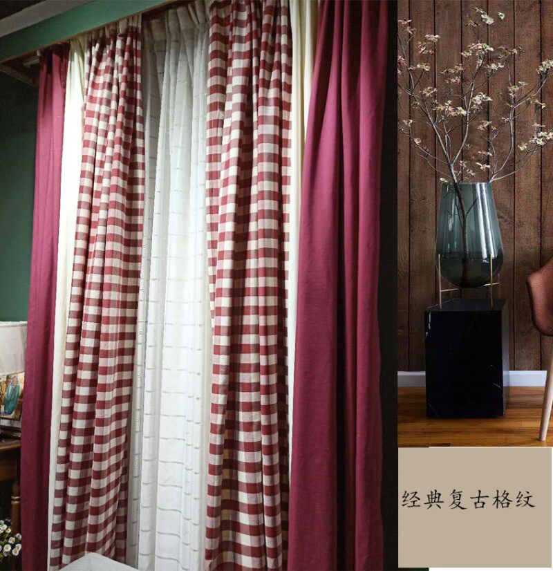 红色格子窗帘英伦乡村复古棉麻田园女孩公主风婚房地中海韩式窗帘