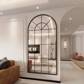 拱形全身镜复古家用客厅玄关可挂墙落地装 饰镜网红格子穿衣镜