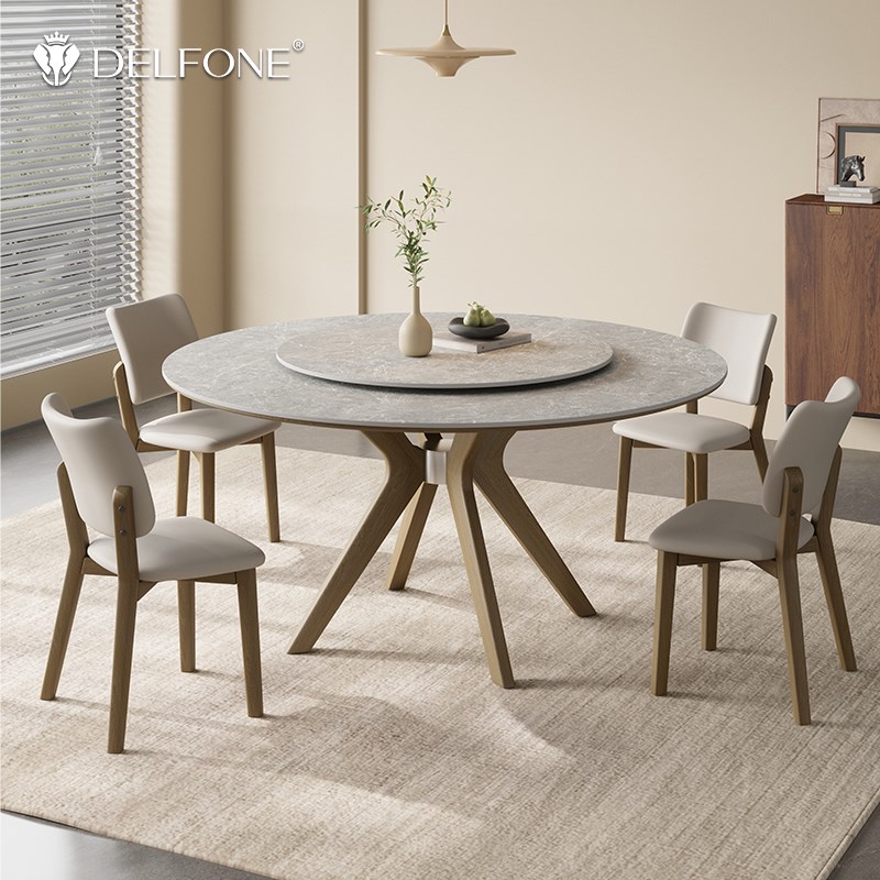 德利丰实木岩板餐桌椅组合白蜡木圆桌侘寂中古风带转盘家用饭桌