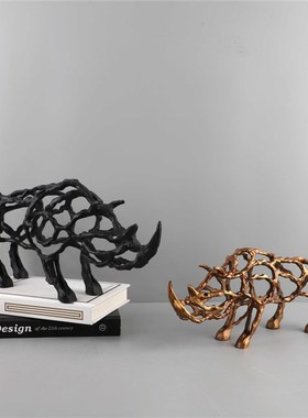 现代极简抽象金属镂空犀牛动物艺术客厅玄关酒店软装家居饰品