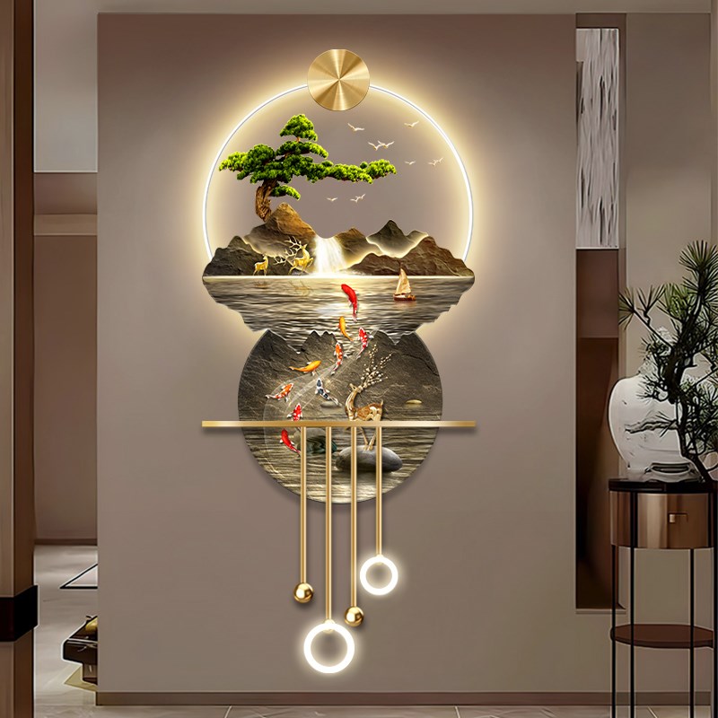 九鱼图新中式玄关装饰画山水入户正对门挂画立体发光走廊过道挂画图片