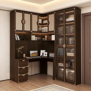 中古风实木转角书桌书柜一体家用胡桃木藤编柜现代轻X奢组合柜定