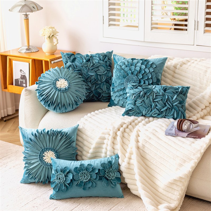 欧式轻奢雾霾蓝花朵沙发抱枕套网红办公室酒店床头靠垫飘窗靠枕