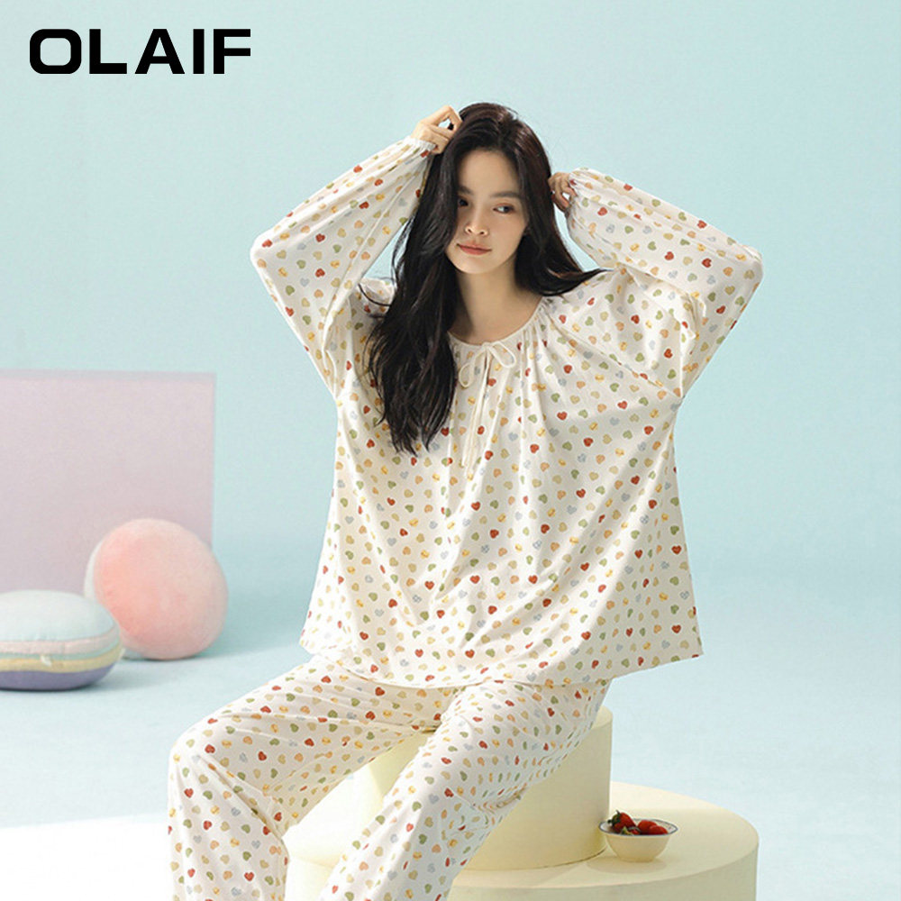 OLAIF25春季新款睡衣女士纯棉长袖女款拉架棉家居服套装舒适柔软