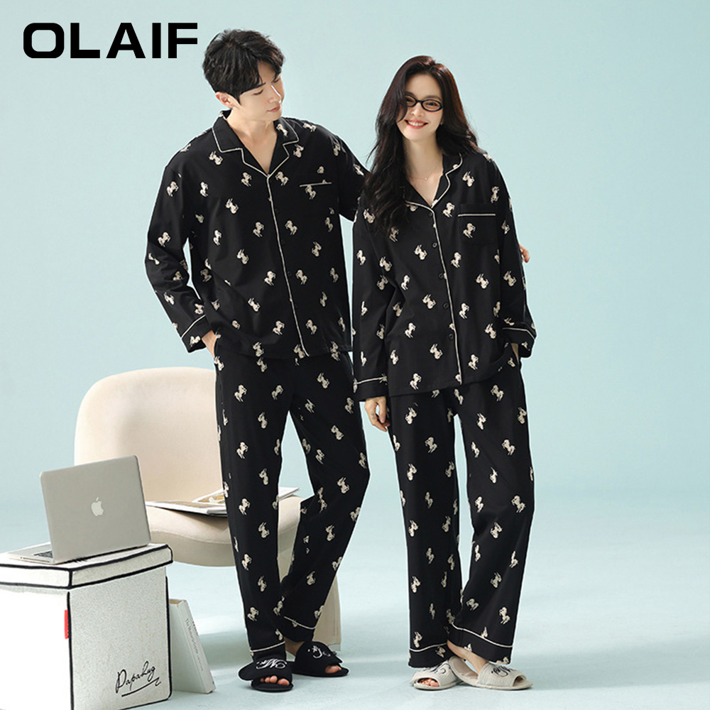 OLAIF 25春季新款情侣睡衣纯棉长袖女士拉架棉男款家居服休闲套装