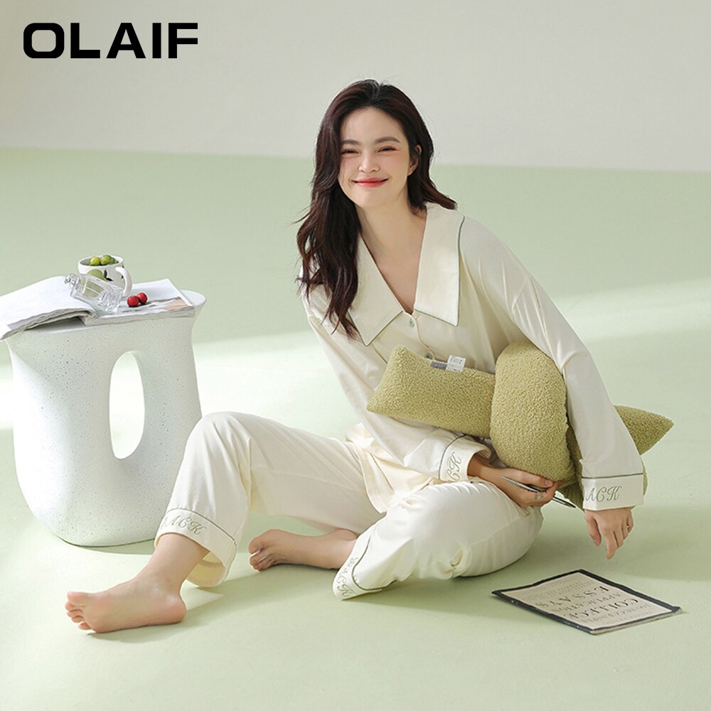 OLAIF秋季法式领拉架棉睡衣女士长袖纯棉春款家居服套装亲肤休闲
