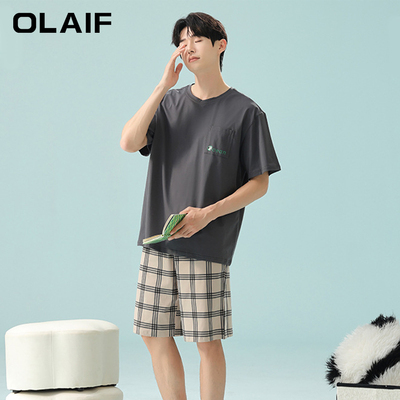 OLAIF 新疆棉春夏季男士纯棉短袖睡衣男夏拉架棉薄款休闲家居服