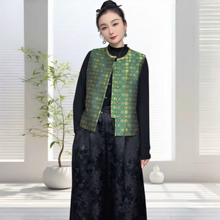 女装 新中式 高端气质马甲2026新款 绿四达运 国风100%桑蚕丝宋锦