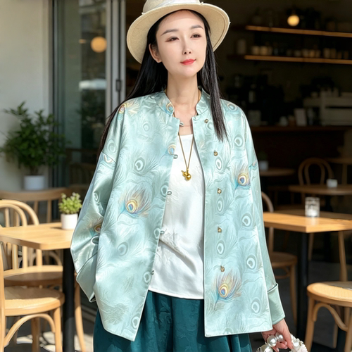 新中式真丝立领盘扣长袖外套女