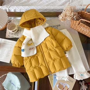 2025款韩版连帽羽绒服女童中长款黄色加厚保暖外套冬季新款