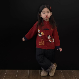 2025新款女童红色卡通小马毛衣中国风立领盘扣针织衫喜庆过年装