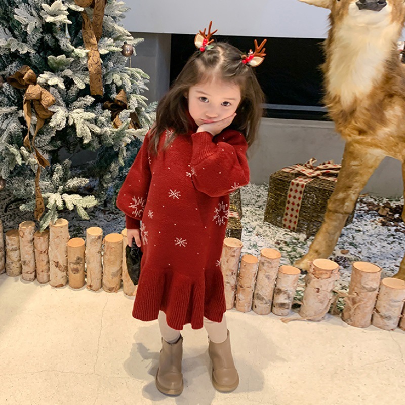 2025新款女童红色新年连衣裙