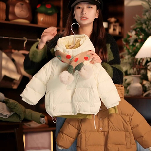 2025冬装新款儿童男女童韩系百搭加厚保暖连帽白色棉衣羽绒服外套