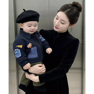 网红爆款潮流男童飞行员夹克深蓝色徽章装饰棉服时尚小个子外套