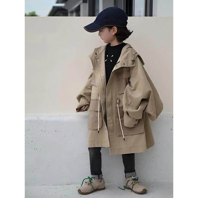 工装风连帽风衣外套女中长款多口袋卡其色大童大衣外套,童装/婴儿装/亲子装,风衣,淘宝优惠券,粉丝福利购,淘宝优惠卷