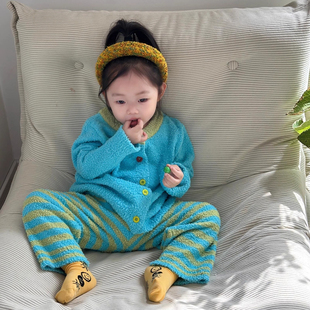 女童家居服套装新款男童女童冬季可爱半边绒上衣裤子宝宝保暖睡衣