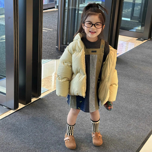 2025新款秋冬韩版短款羽绒服女童加厚宽松连帽面包服黄色百搭外套