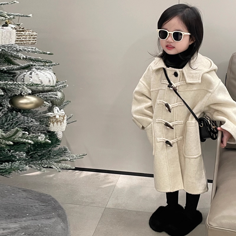 韩版气质牛角扣连帽毛呢大衣