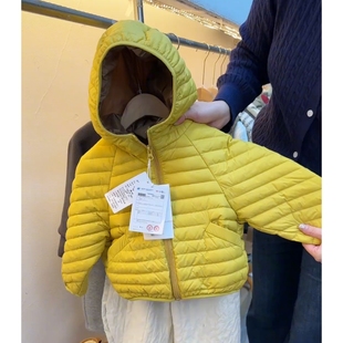 2025新款黄色连帽羽绒服男女童轻薄保暖中大童棉衣外套冬装