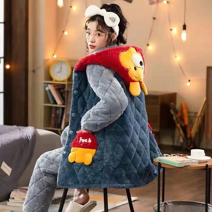 睡衣女秋冬季三层夹棉袄加绒加厚韩版可爱珊瑚绒保暖家居服套装