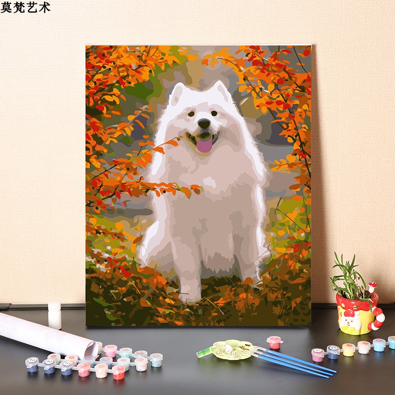 数字油画diy手工填充微笑天使动物萨摩耶犬狗手绘画画涂色油彩画