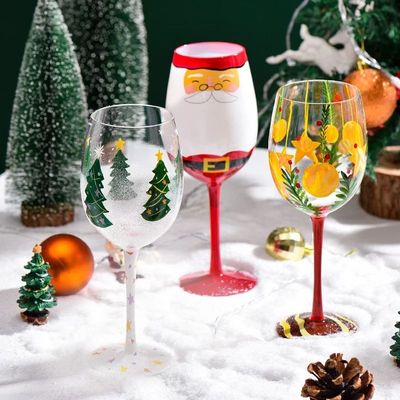 Hand-Painted Christmas ree snowman Glass Goblet Red Wine Gla