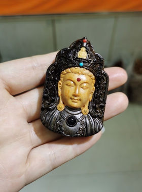 沉香木观音菩萨镶嵌檀香投影吊坠佛头吊坠天然老料文玩饰品