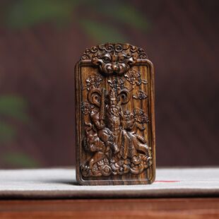 海南沉香木雕刻新款国风虎头赵公明双面雕刻北路财神木制文玩挂件