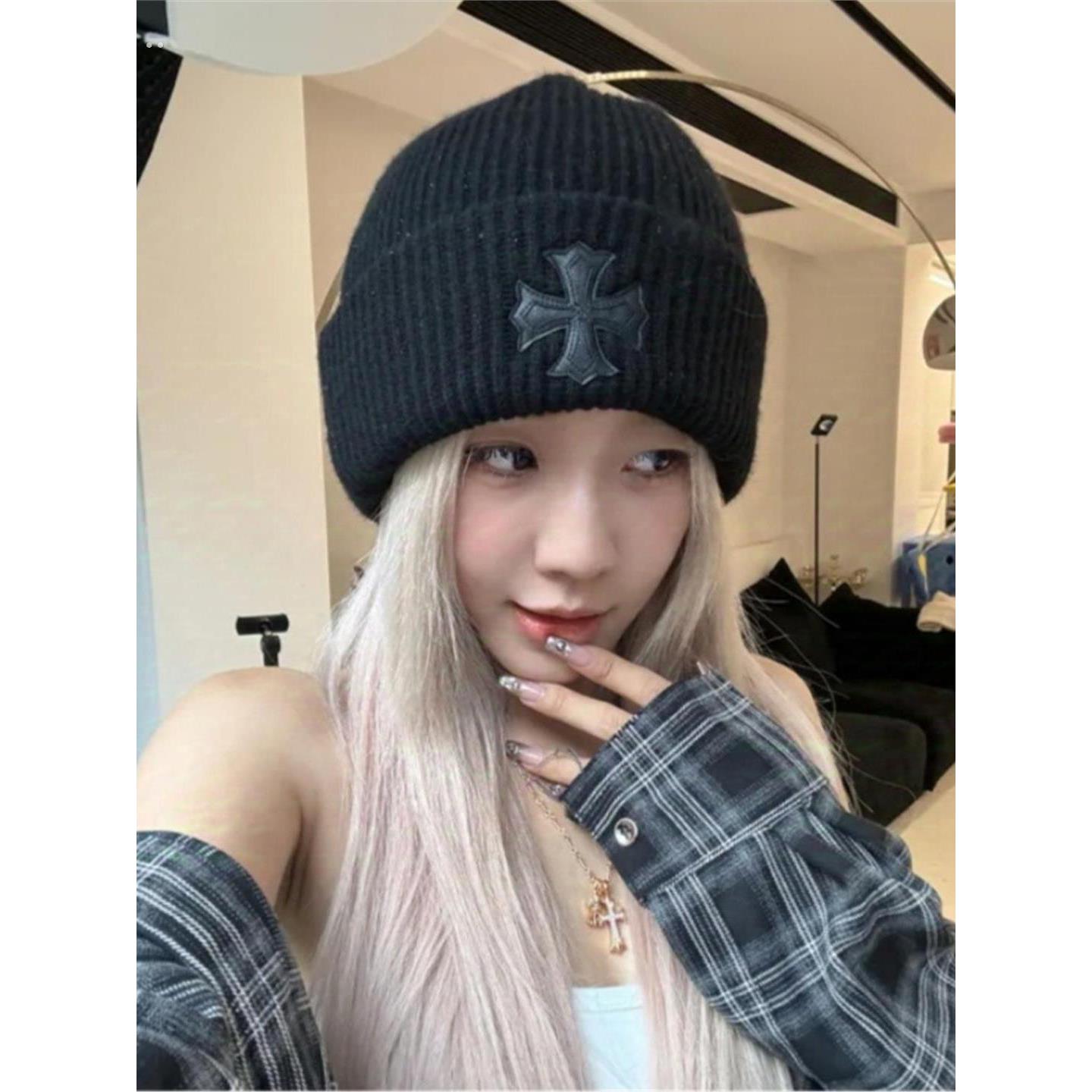 十字架纯色双层加厚针织帽子女秋冬大头围毛线冷帽显脸小男情侣款