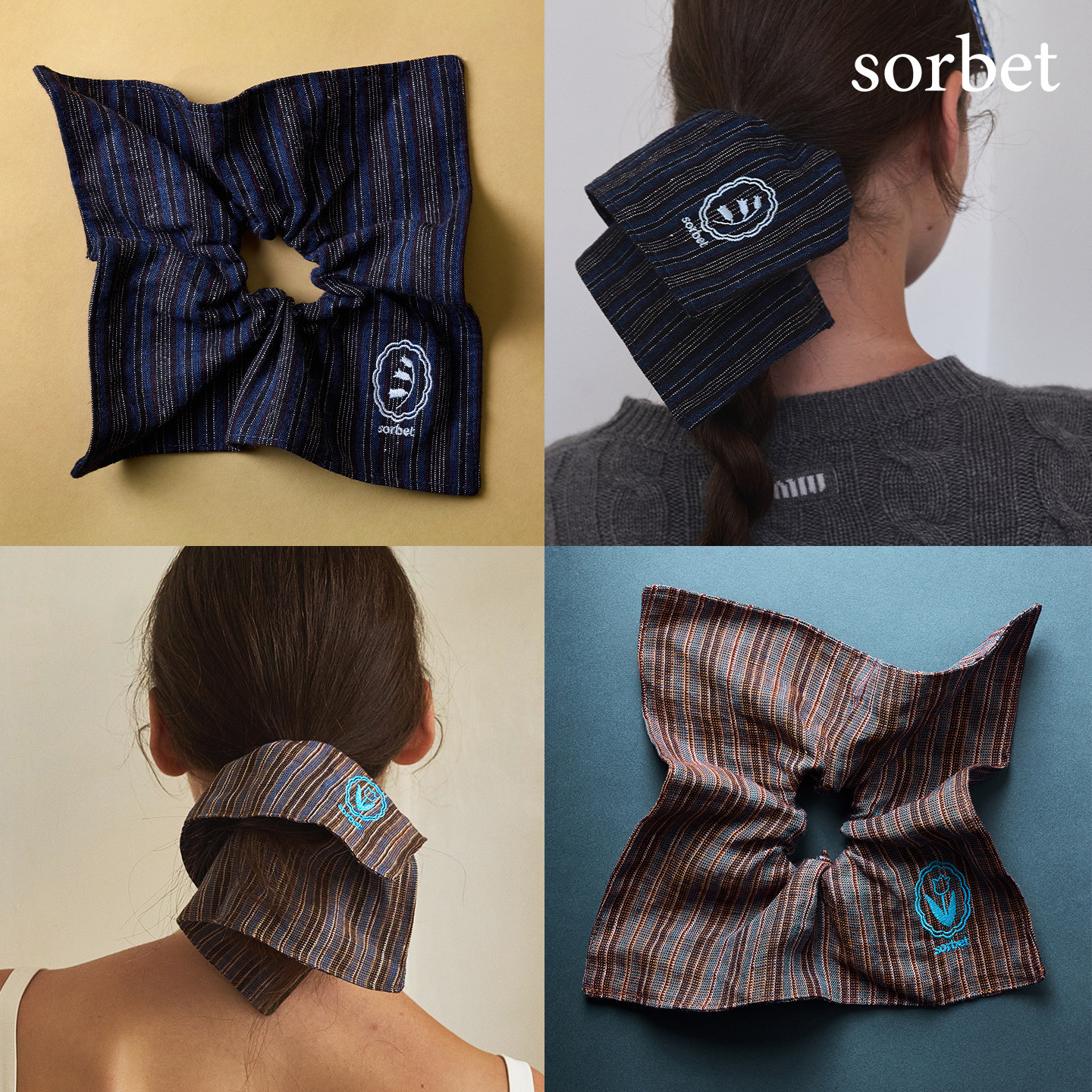 sorbet刺绣花朵方巾方形发圈头饰