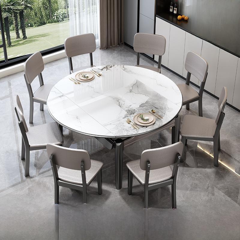 金属油漆板岩实木餐桌和椅子组合家用小公寓可伸缩餐桌可变圆桌餐