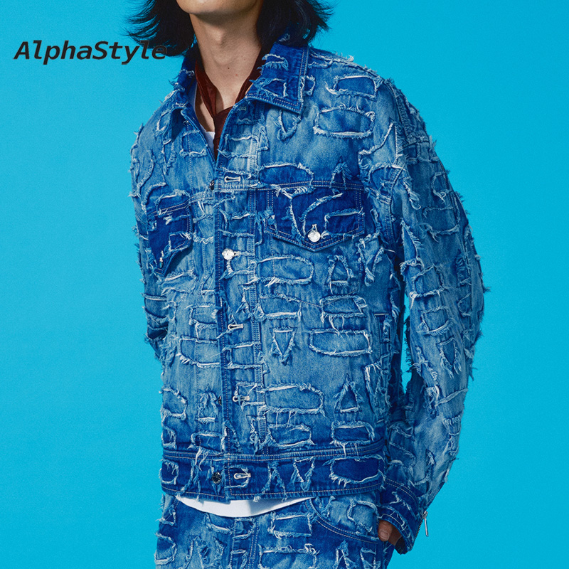 AlphaStyle秋季做旧水洗牛仔外套