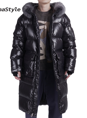 ALPHASTYLE时尚厚款宽松长款鹅绒羽绒服外套保暖防风连帽毛领男女