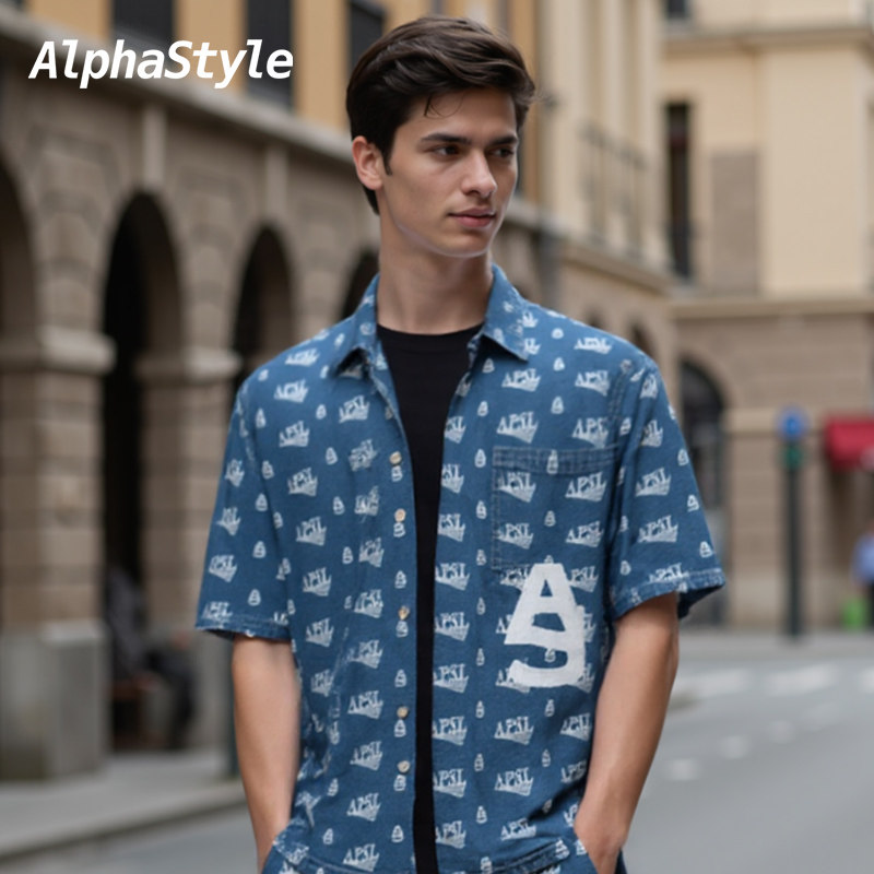 AlphaStyle夏印花牛仔短袖衬衫