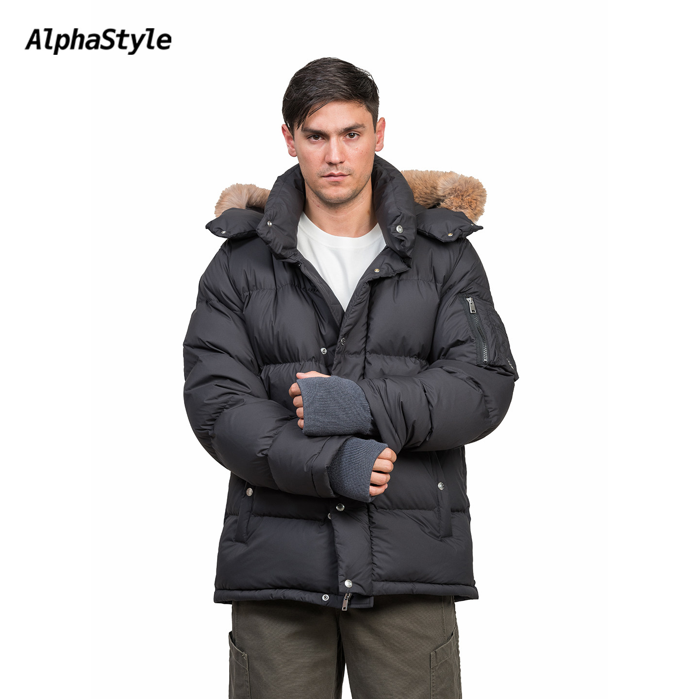 可拆卸连帽毛领宽松鹅绒羽绒服