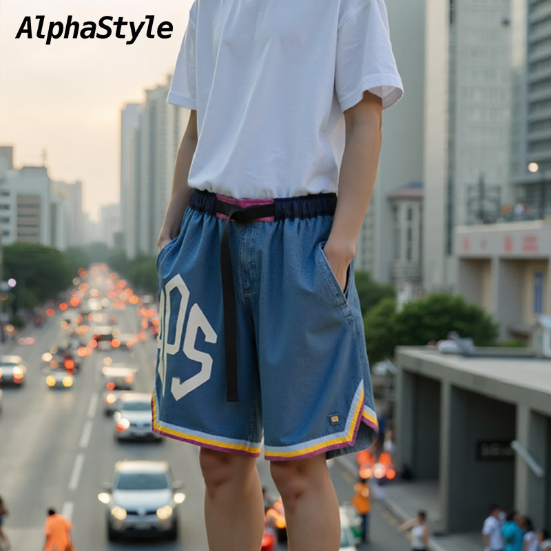 AlphaStyle夏季水洗牛仔五分短裤