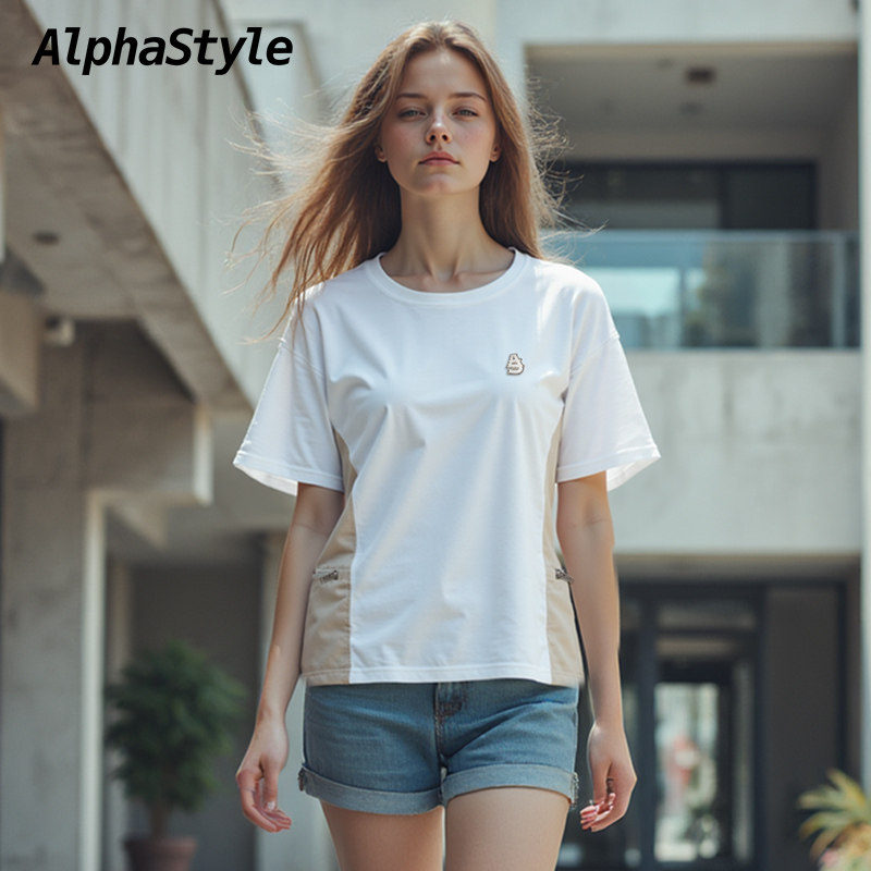AlphaStyle夏Updike口袋撞色T恤