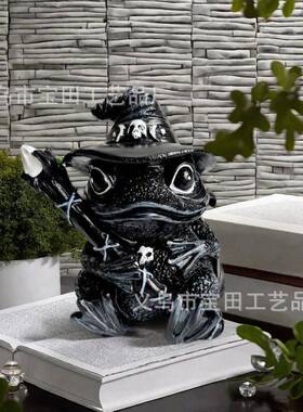跨境新品树脂巫婆青蛙雕像适用于家居黑色帽子和骷髅点缀的装饰品