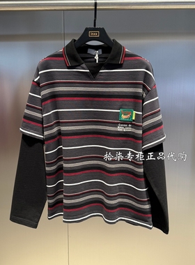 INXX专柜正品 2026春款假两件翻领条纹长袖T恤宽松男女XSG1010013