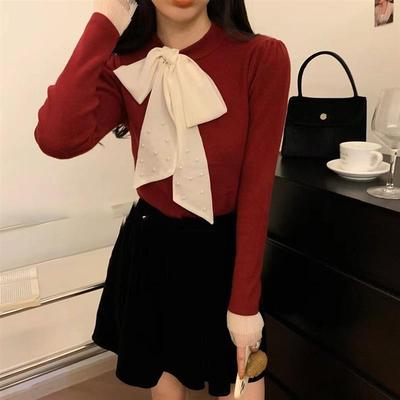 法式气质小香风蝴蝶结拼接套头毛衣简约针时尚针织小衫打底上衣潮