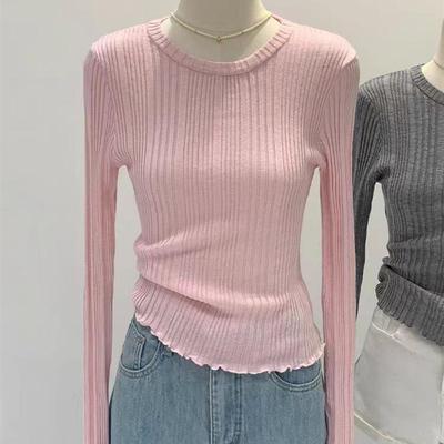 韩系穿搭长袖粉色内搭打底针织衫女秋冬2025新款法式多巴胺短上衣