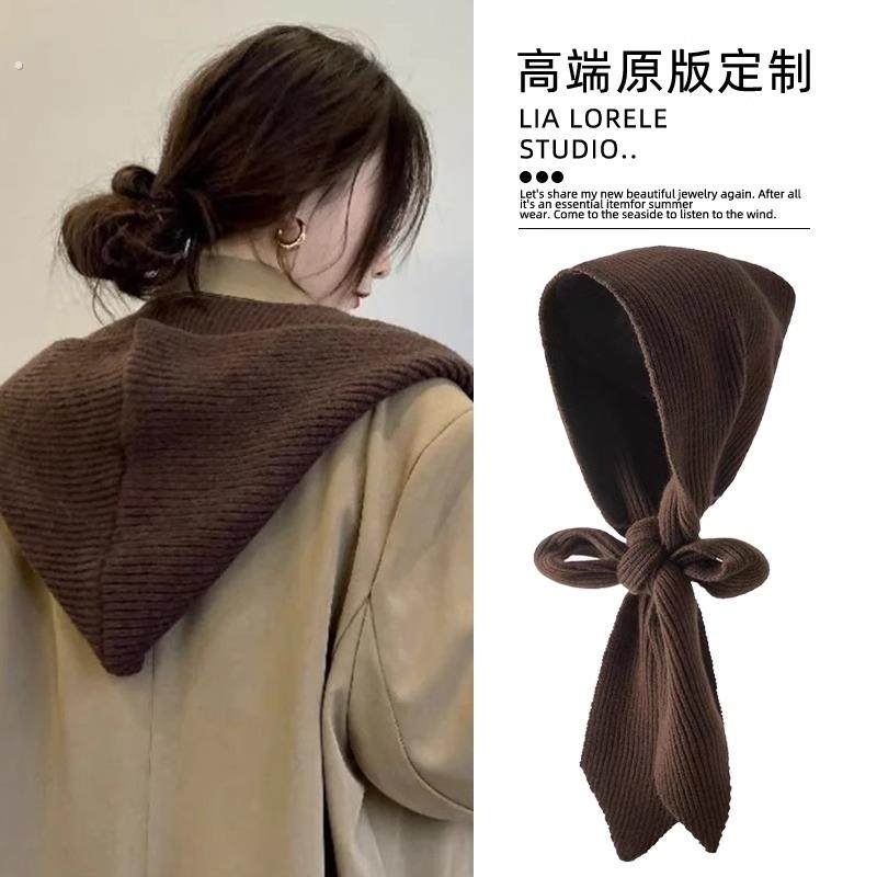 连帽围脖一体式纯色针织帽子女冬季防寒保暖韩版氛围感护耳针织帽