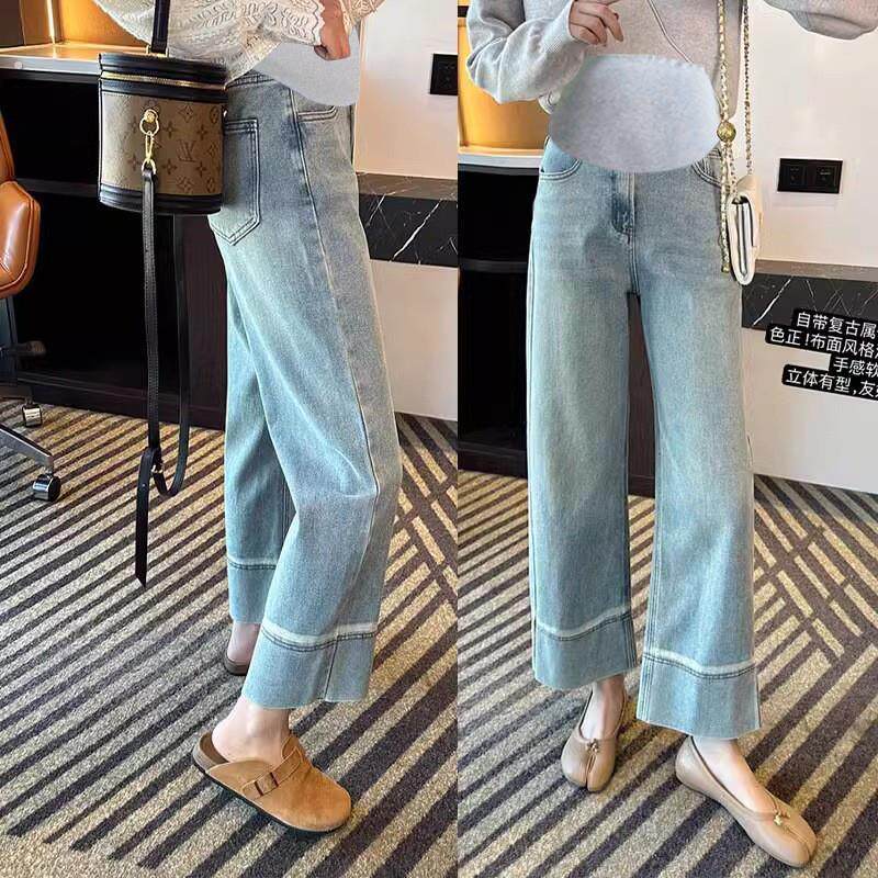 孕妇阔腿牛仔裤春秋浅色弹力直筒九分裤显瘦大尺码春季薄款外穿潮