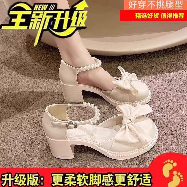 万达撤柜时尚玛丽珍鞋女2025年夏季新款粗跟蝴蝶结珍珠百搭凉鞋女